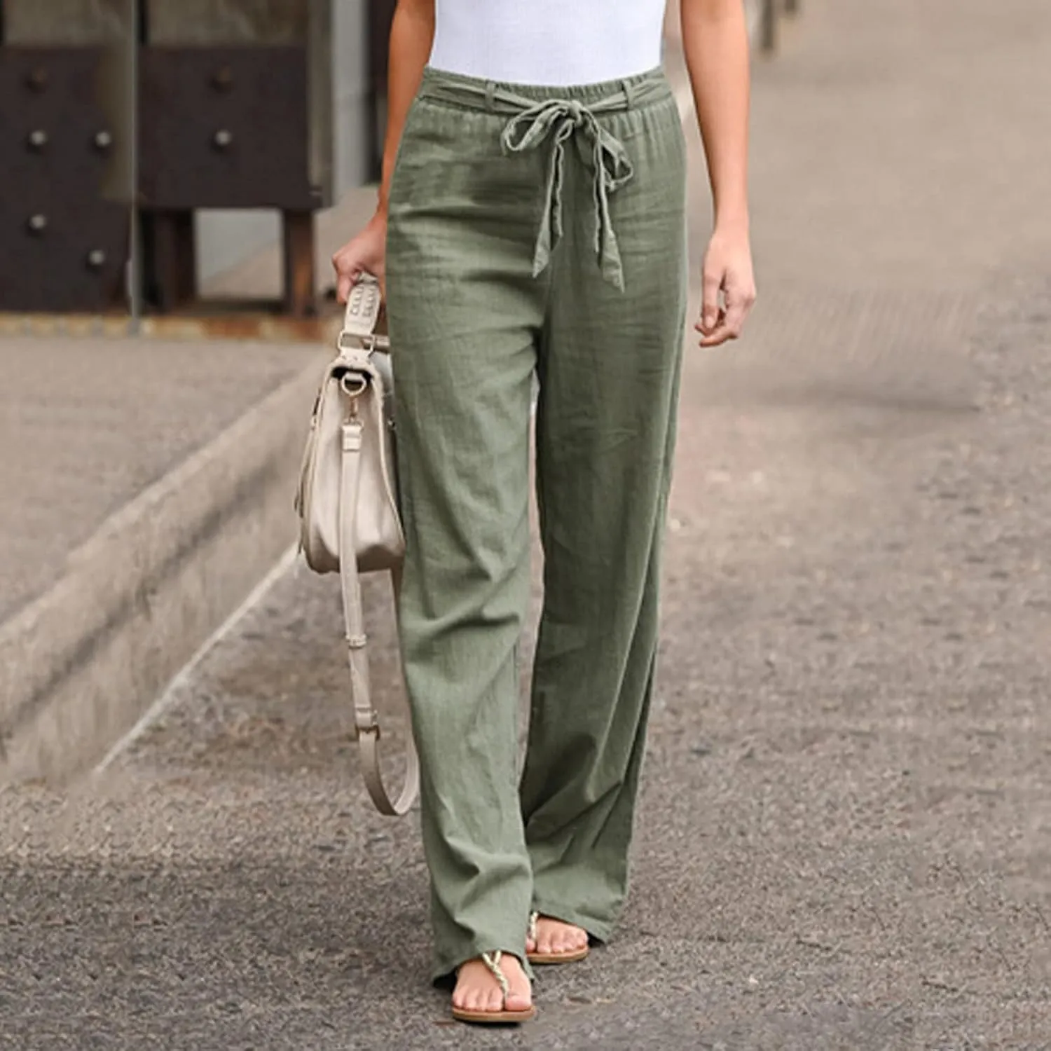 Women Wide Leg Linen Cotton Pants High Waisted Tie Knot Palazzo Trousers Baggy Casual Summer Solid Lounge Pants with Pocket
