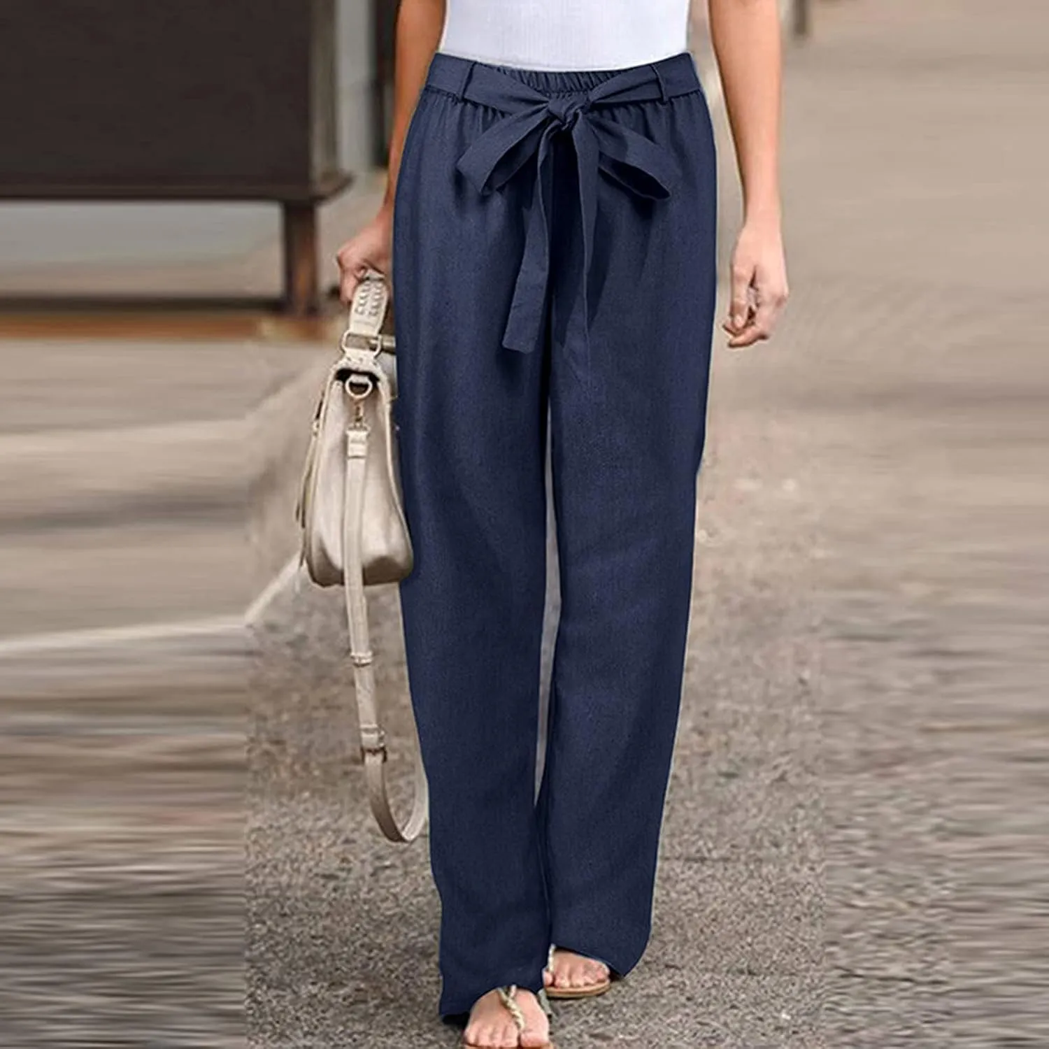 Women Wide Leg Linen Cotton Pants High Waisted Tie Knot Palazzo Trousers Baggy Casual Summer Solid Lounge Pants with Pocket