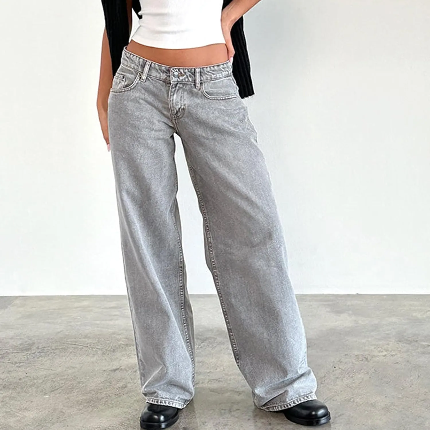 Women Y2k Low Rise Baggy Jeans Loose Fit Boyfriend Straight Wide Leg Jeans Trendy Stretch Long Denim Pants