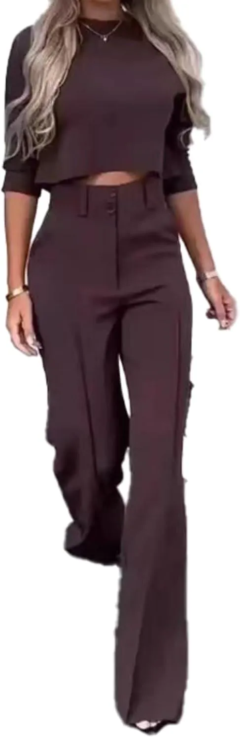 Women's 2 Piece Outfits Summer Casual Pant Suit Half Sleeve Crop Tops High Waist Bell Bottom Trouser with Pockets