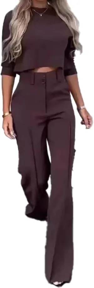 Women's 2 Piece Outfits Summer Casual Pant Suit Half Sleeve Crop Tops High Waist Bell Bottom Trouser with Pockets