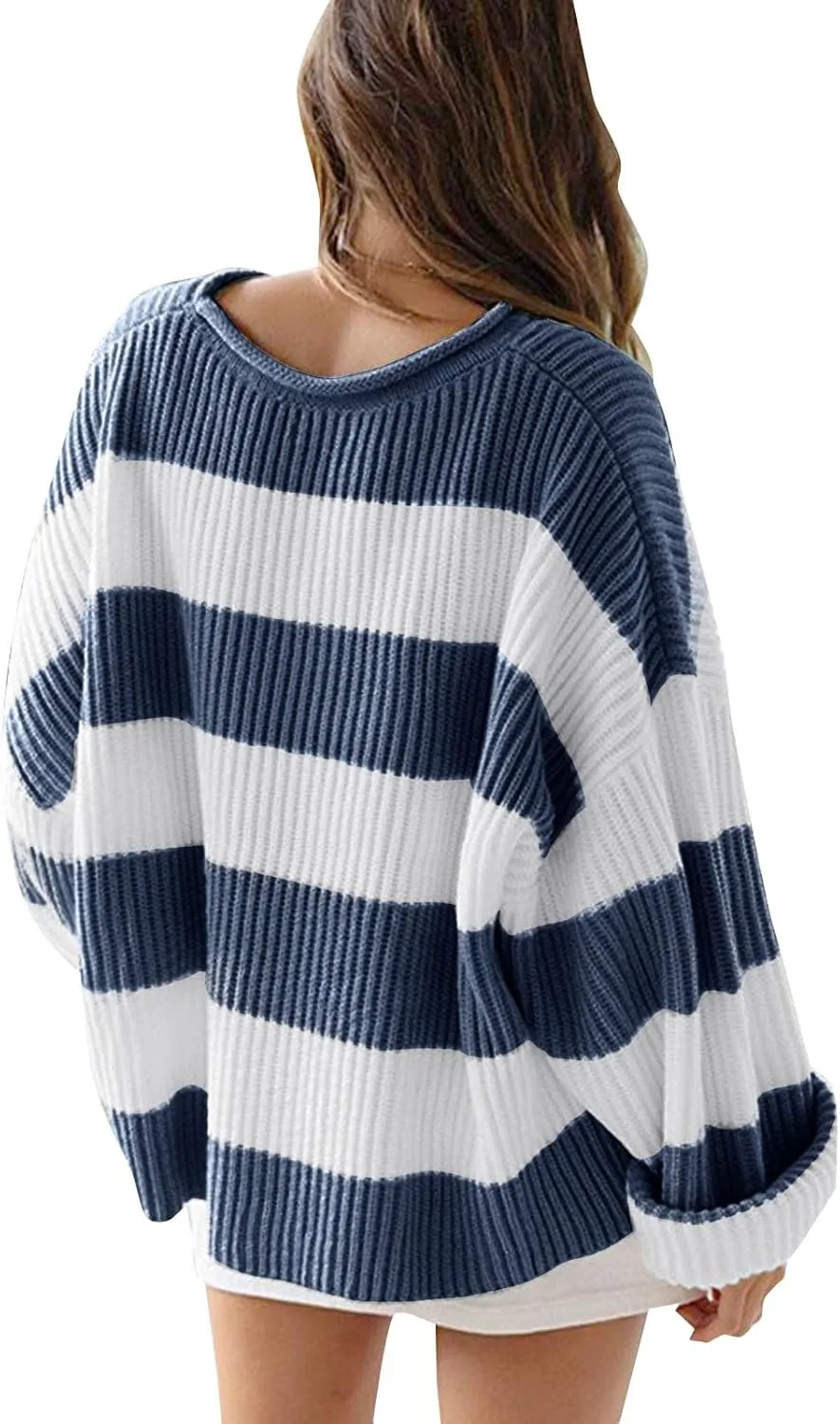 Women's 2024 Fall Long Sleeve Crew Neck Striped Color Block Comfy Loose Oversized Knitted Pullover Sweater