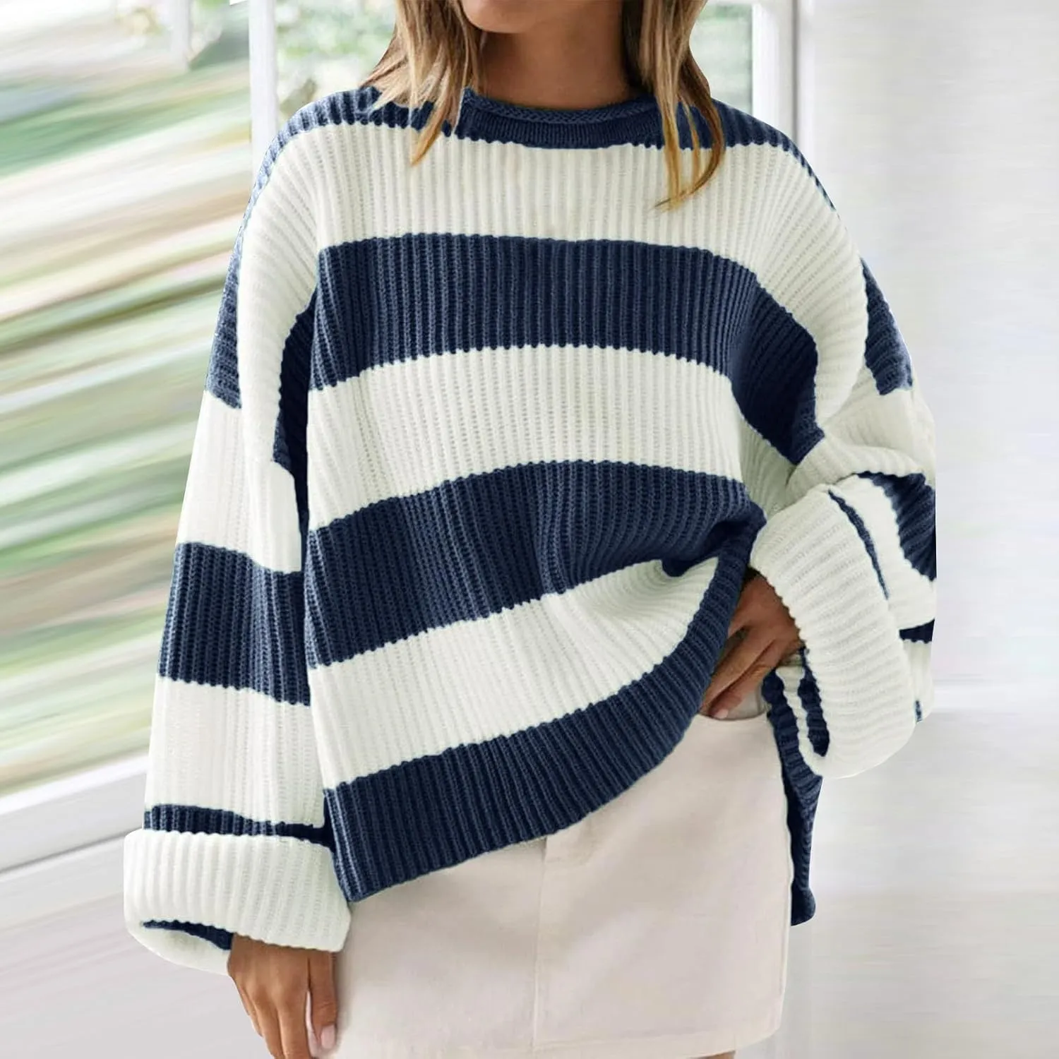 Women's 2024 Fall Long Sleeve Crew Neck Striped Color Block Comfy Loose Oversized Knitted Pullover Sweater