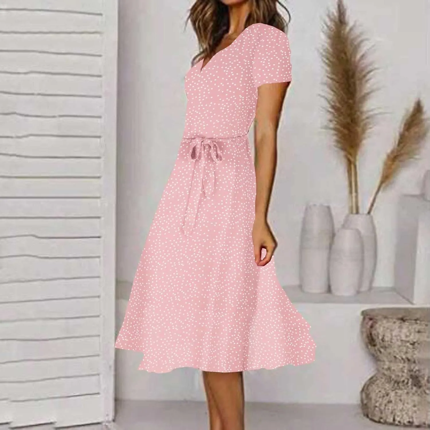 Women's 2024 Summer Casual Boho Sundress Polka Dot Short Sleeve V Neck Flowy Midi Dresses Chiffon Beach Dress