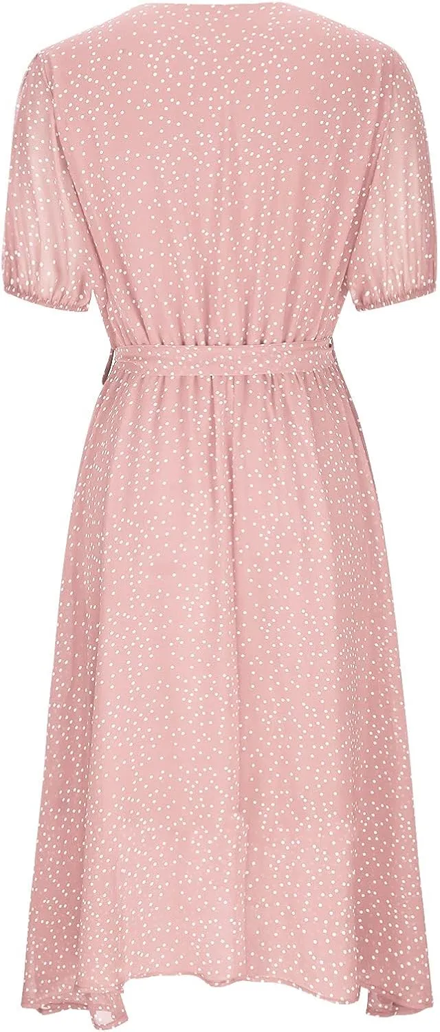 Women's 2024 Summer Casual Boho Sundress Polka Dot Short Sleeve V Neck Flowy Midi Dresses Chiffon Beach Dress