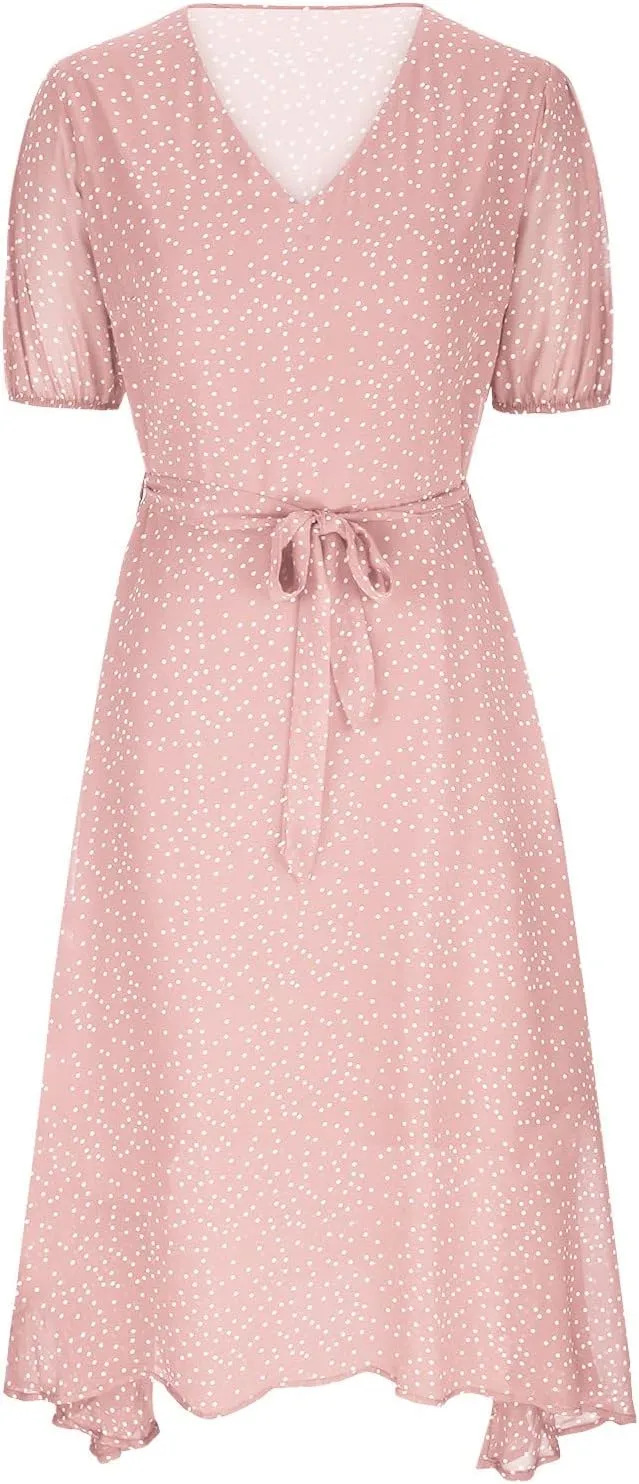 Women's 2024 Summer Casual Boho Sundress Polka Dot Short Sleeve V Neck Flowy Midi Dresses Chiffon Beach Dress