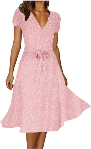 Women's 2024 Summer Casual Boho Sundress Polka Dot Short Sleeve V Neck Flowy Midi Dresses Chiffon Beach Dress