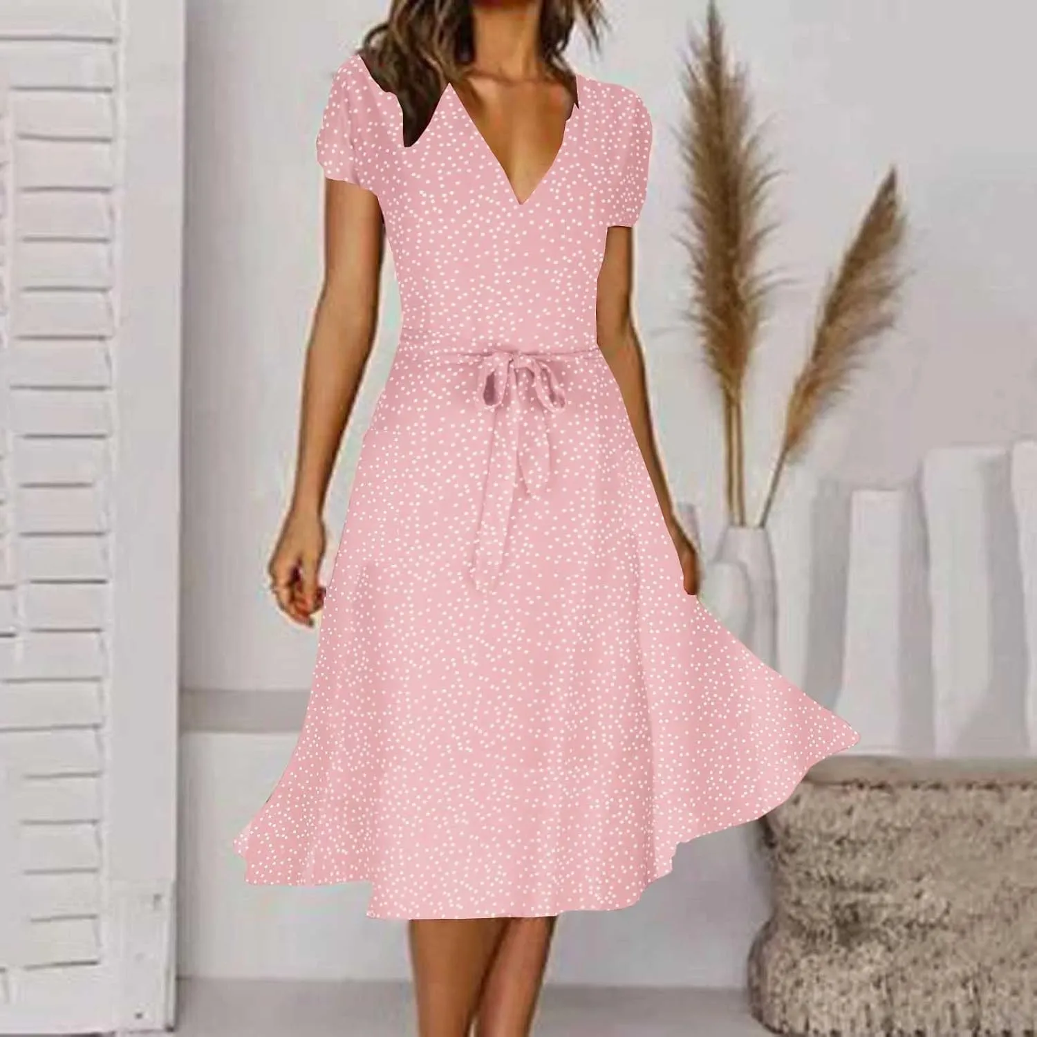Women's 2024 Summer Casual Boho Sundress Polka Dot Short Sleeve V Neck Flowy Midi Dresses Chiffon Beach Dress