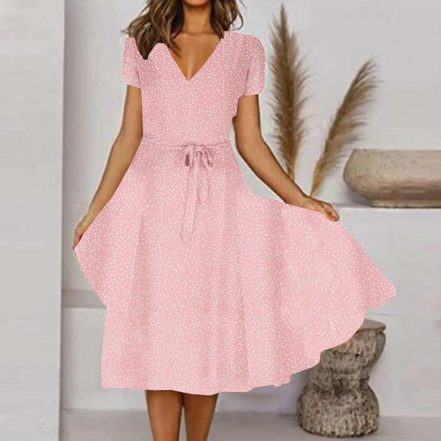 Women's 2024 Summer Casual Boho Sundress Polka Dot Short Sleeve V Neck Flowy Midi Dresses Chiffon Beach Dress
