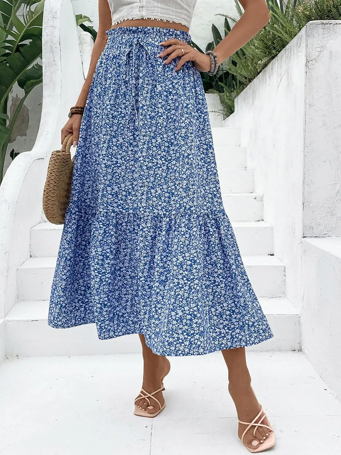 Women's 2025 Summer Boho Maxi Skirt Elastic Waisted A-line Flowy Ruffle Tiered Long Skirts