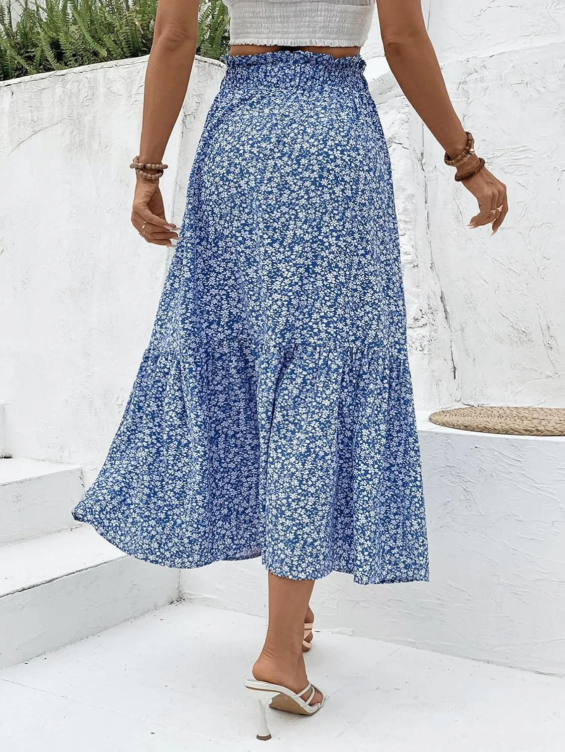 Women's 2025 Summer Boho Maxi Skirt Elastic Waisted A-line Flowy Ruffle Tiered Long Skirts
