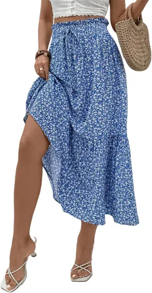 Women's 2025 Summer Boho Maxi Skirt Elastic Waisted A-line Flowy Ruffle Tiered Long Skirts