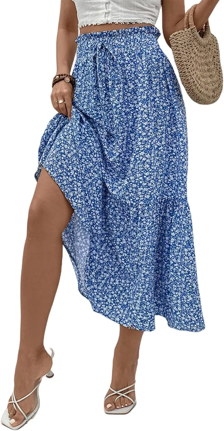 Women's 2025 Summer Boho Maxi Skirt Elastic Waisted A-line Flowy Ruffle Tiered Long Skirts