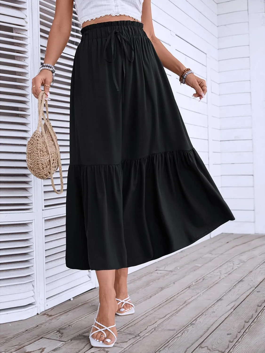 Women's 2025 Summer Boho Maxi Skirt Elastic Waisted A-line Flowy Ruffle Tiered Long Skirts