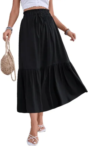 Women's 2025 Summer Boho Maxi Skirt Elastic Waisted A-line Flowy Ruffle Tiered Long Skirts