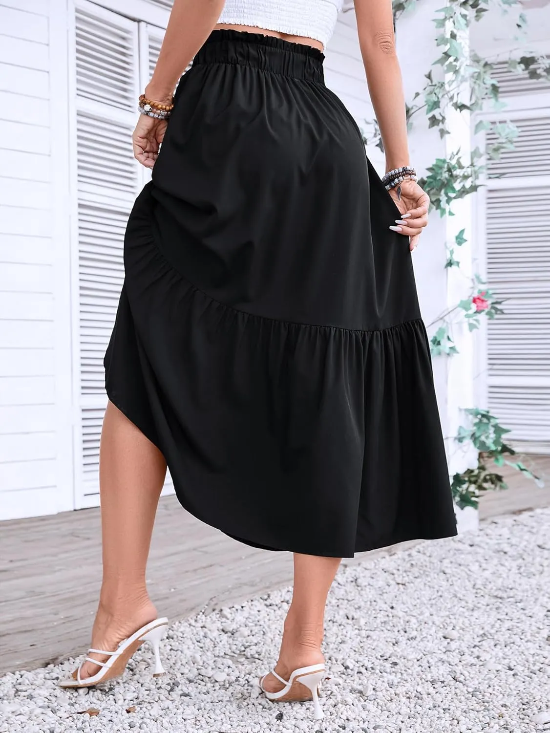 Women's 2025 Summer Boho Maxi Skirt Elastic Waisted A-line Flowy Ruffle Tiered Long Skirts