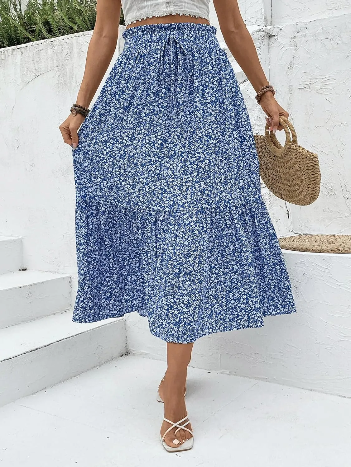 Women's 2025 Summer Boho Maxi Skirt Elastic Waisted A-line Flowy Ruffle Tiered Long Skirts