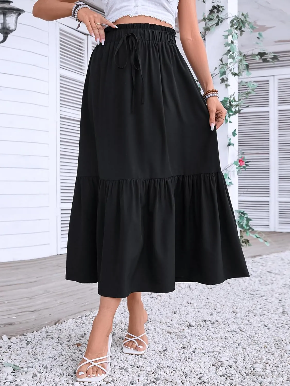 Women's 2025 Summer Boho Maxi Skirt Elastic Waisted A-line Flowy Ruffle Tiered Long Skirts