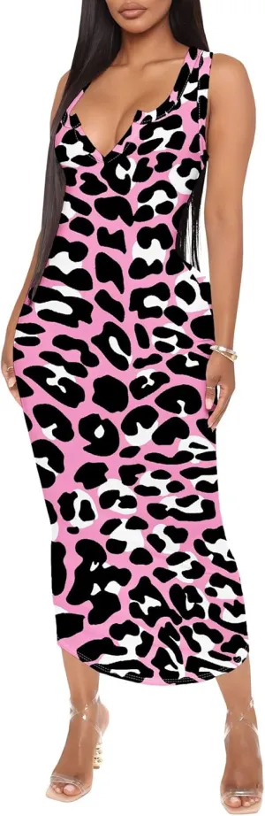 Women's African Print Maxi Dress Casual Bodycon Tank Dress Sexy V Neck Sleeveless Summer Long Party Club Beach Sundresses