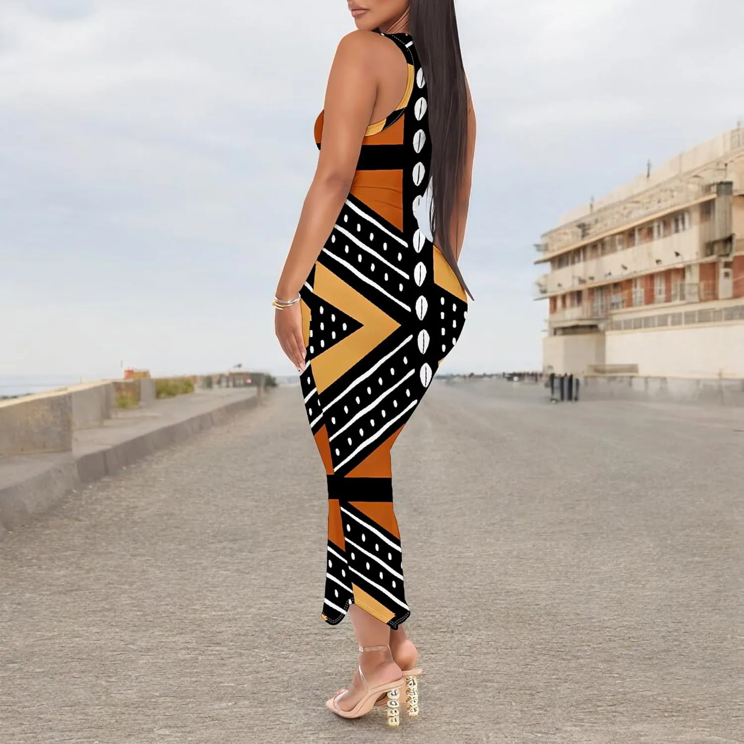 Women's African Print Maxi Dress Casual Bodycon Tank Dress Sexy V Neck Sleeveless Summer Long Party Club Beach Sundresses