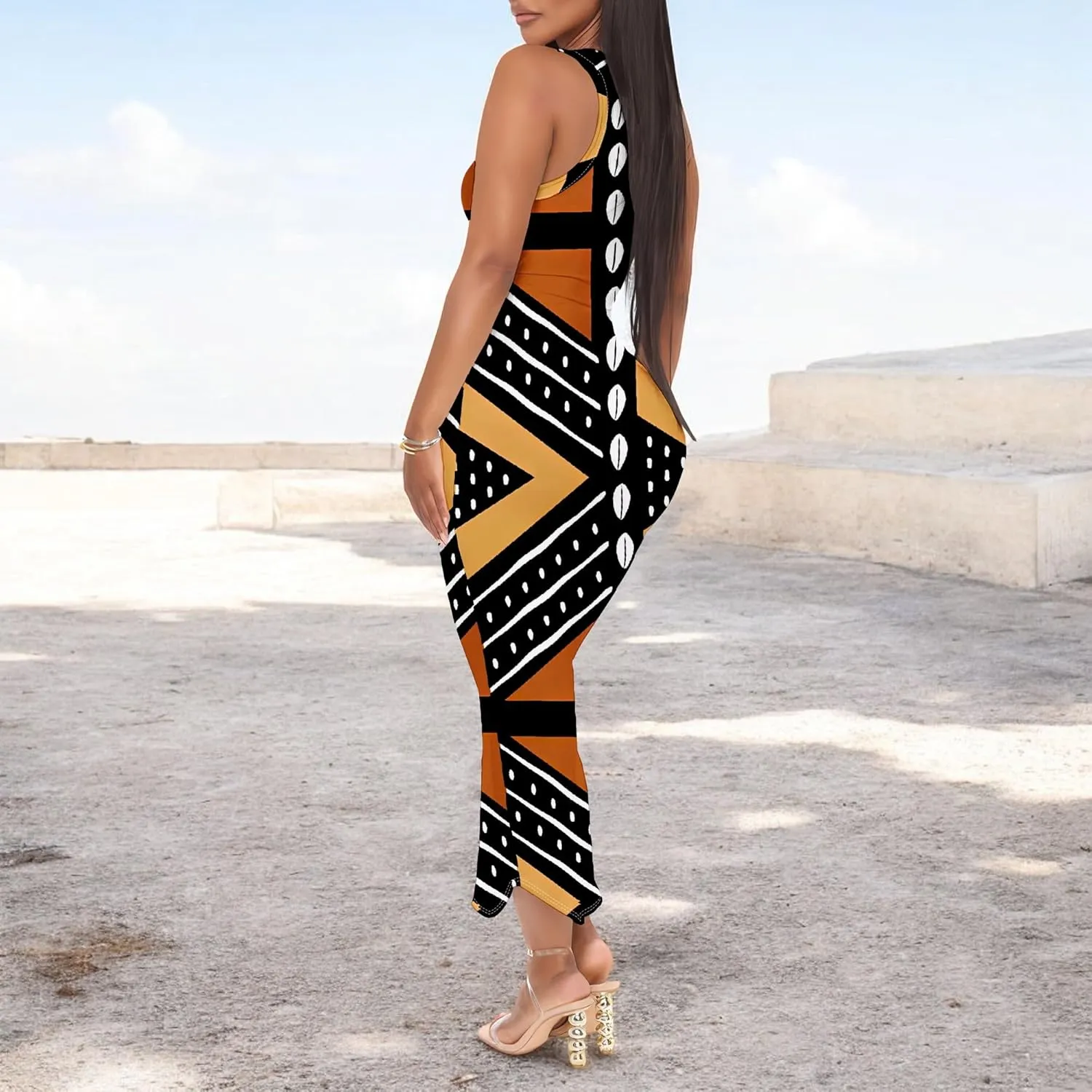 Women's African Print Maxi Dress Casual Bodycon Tank Dress Sexy V Neck Sleeveless Summer Long Party Club Beach Sundresses