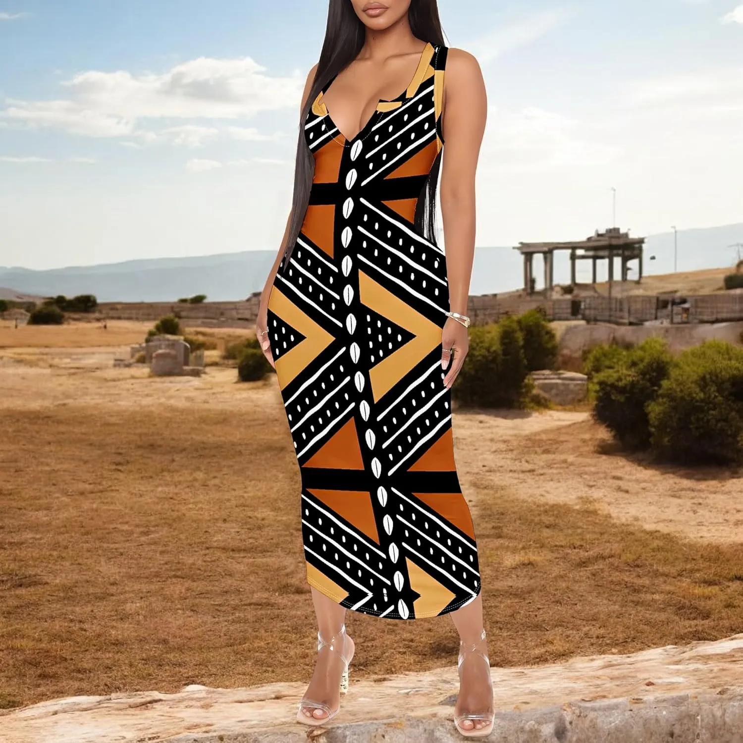 Women's African Print Maxi Dress Casual Bodycon Tank Dress Sexy V Neck Sleeveless Summer Long Party Club Beach Sundresses