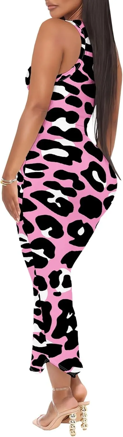 Women's African Print Maxi Dress Casual Bodycon Tank Dress Sexy V Neck Sleeveless Summer Long Party Club Beach Sundresses