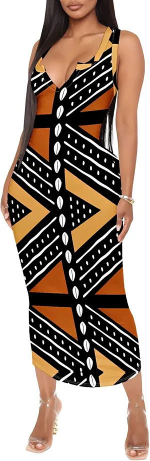 Women's African Print Maxi Dress Casual Bodycon Tank Dress Sexy V Neck Sleeveless Summer Long Party Club Beach Sundresses