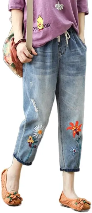 Women's Baggy Drawstring Elastic Waist Cropped Jeans Casual Loose Floral Embroidered Capri Harem Denim Pants
