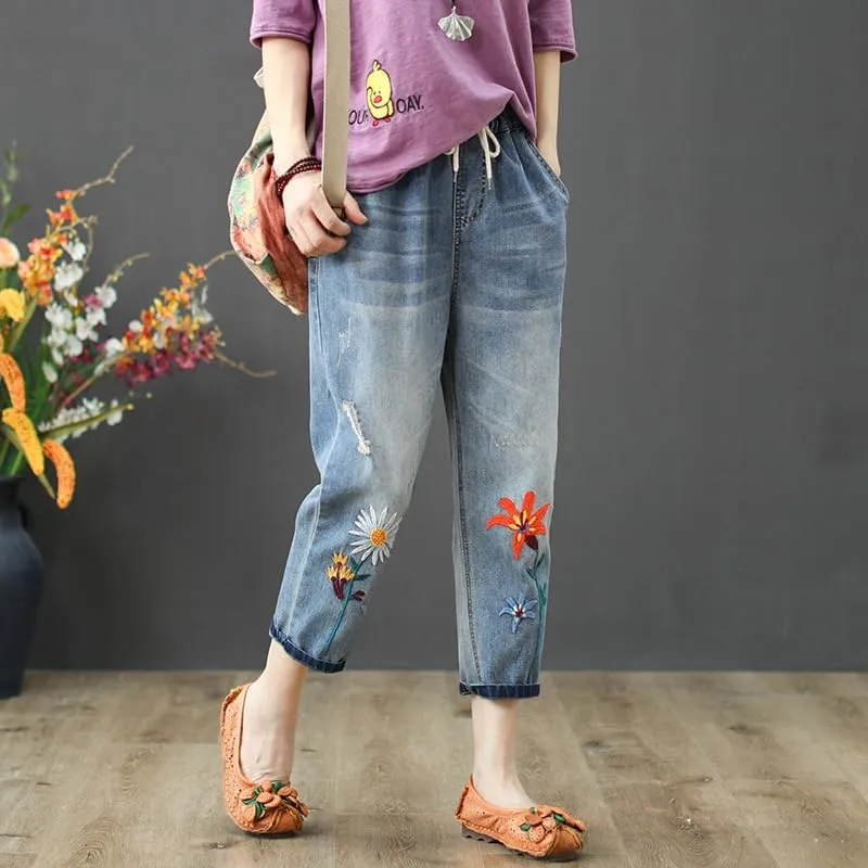 Women's Baggy Drawstring Elastic Waist Cropped Jeans Casual Loose Floral Embroidered Capri Harem Denim Pants