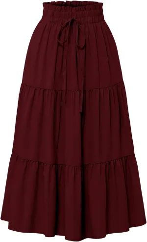 Women's Boho Floral Tiered Midi Skirt Elastic Waisted Pleated A-line Casual Summer Long Skirt