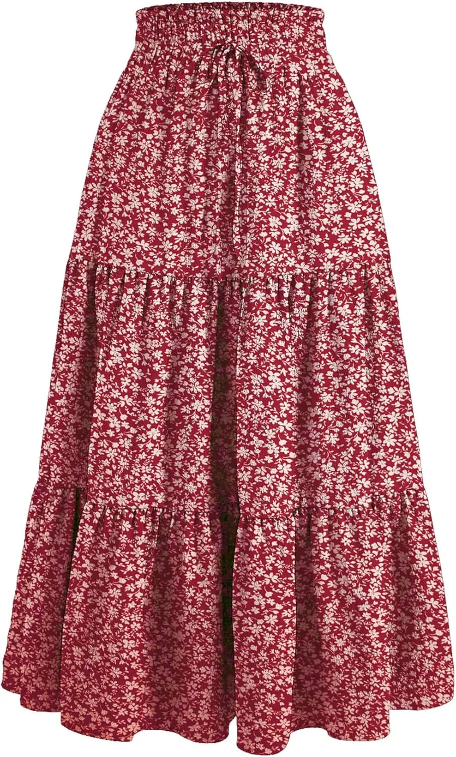 Women's Boho Floral Tiered Midi Skirt Elastic Waisted Pleated A-line Casual Summer Long Skirt