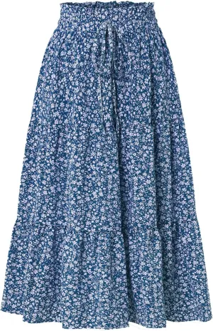 Women's Boho Floral Tiered Midi Skirt Elastic Waisted Pleated A-line Casual Summer Long Skirt