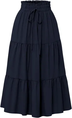 Women's Boho Floral Tiered Midi Skirt Elastic Waisted Pleated A-line Casual Summer Long Skirt