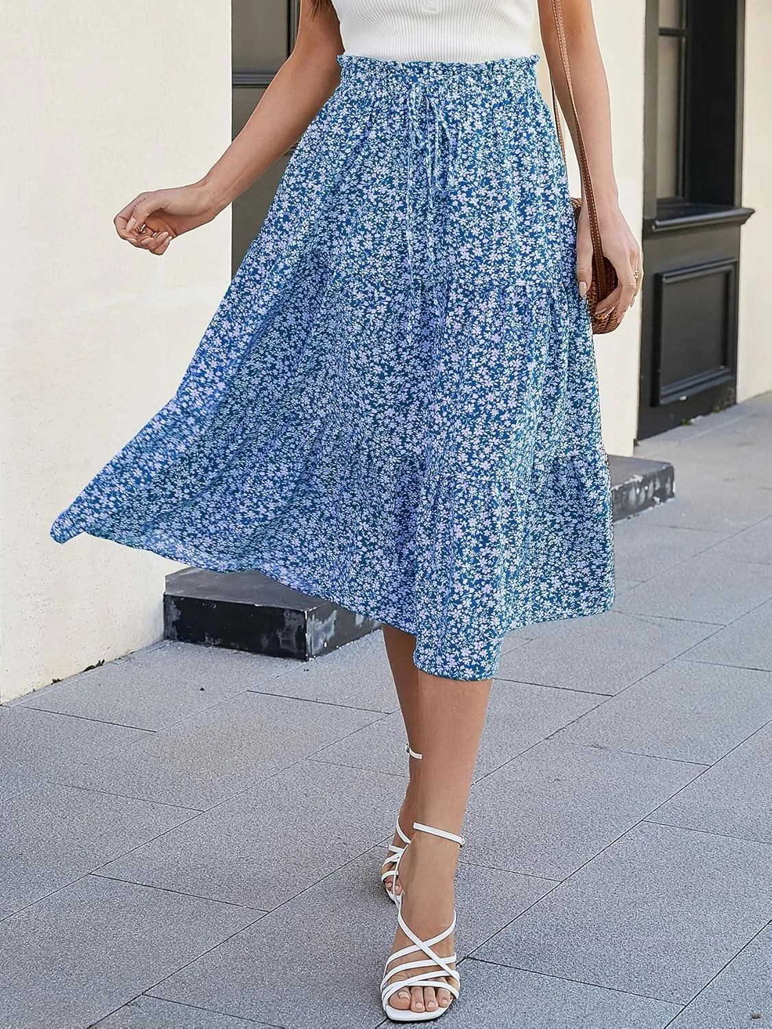 Women's Boho Floral Tiered Midi Skirt Elastic Waisted Pleated A-line Casual Summer Long Skirt