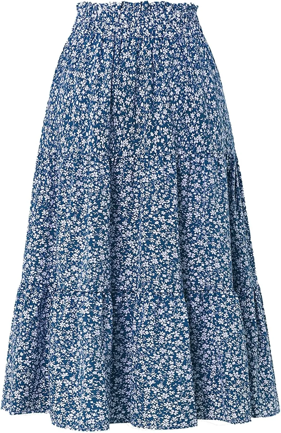 Women's Boho Floral Tiered Midi Skirt Elastic Waisted Pleated A-line Casual Summer Long Skirt