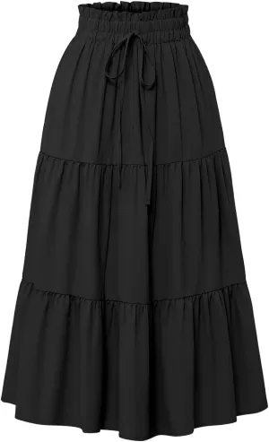 Women's Boho Floral Tiered Midi Skirt Elastic Waisted Pleated A-line Casual Summer Long Skirt