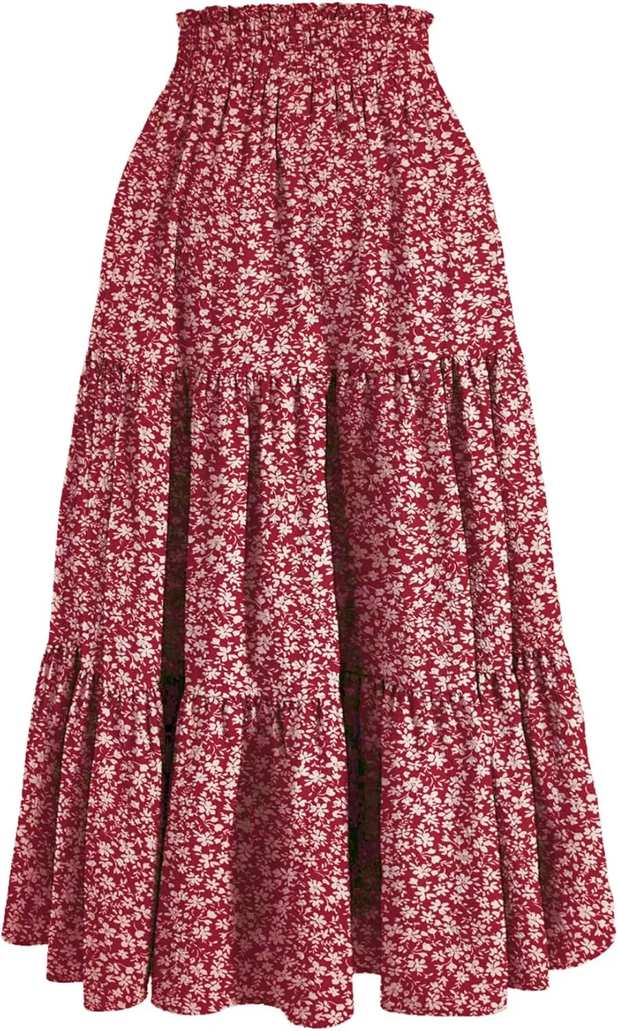 Women's Boho Floral Tiered Midi Skirt Elastic Waisted Pleated A-line Casual Summer Long Skirt