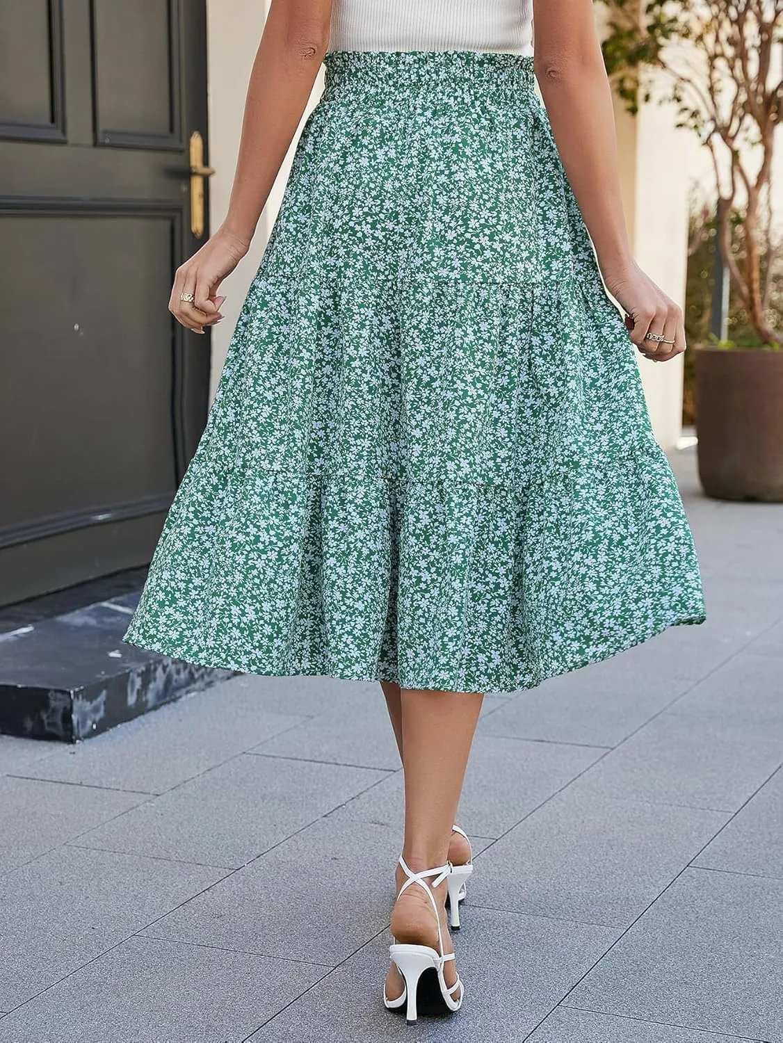 Women's Boho Floral Tiered Midi Skirt Elastic Waisted Pleated A-line Casual Summer Long Skirt