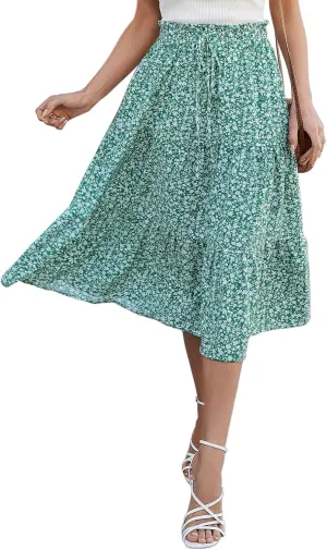 Women's Boho Floral Tiered Midi Skirt Elastic Waisted Pleated A-line Casual Summer Long Skirt