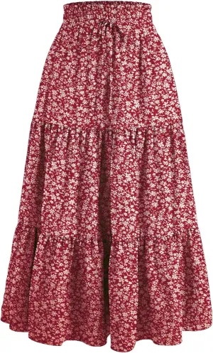 Women's Boho Floral Tiered Midi Skirt Elastic Waisted Pleated A-line Casual Summer Long Skirt