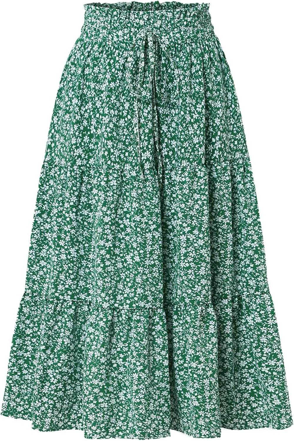 Women's Boho Floral Tiered Midi Skirt Elastic Waisted Pleated A-line Casual Summer Long Skirt