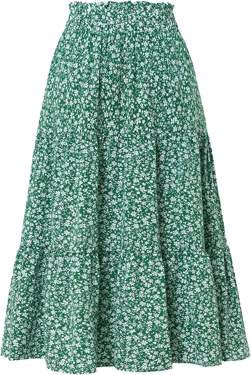 Women's Boho Floral Tiered Midi Skirt Elastic Waisted Pleated A-line Casual Summer Long Skirt