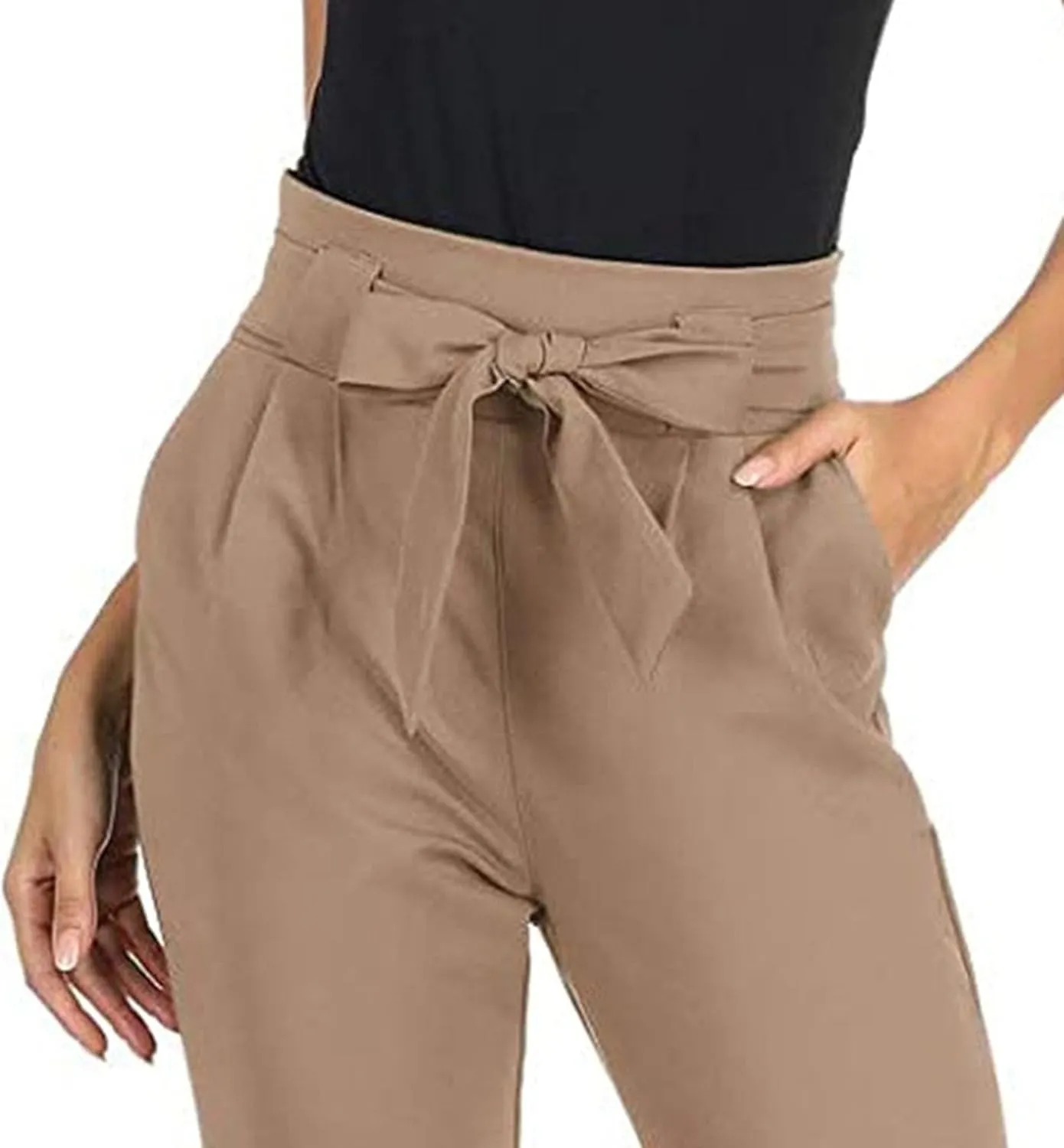 Womens Business Casual Pants Cropped Pencil Pants High Waist Bow-Knot Paper Bag Trouser with Pockets