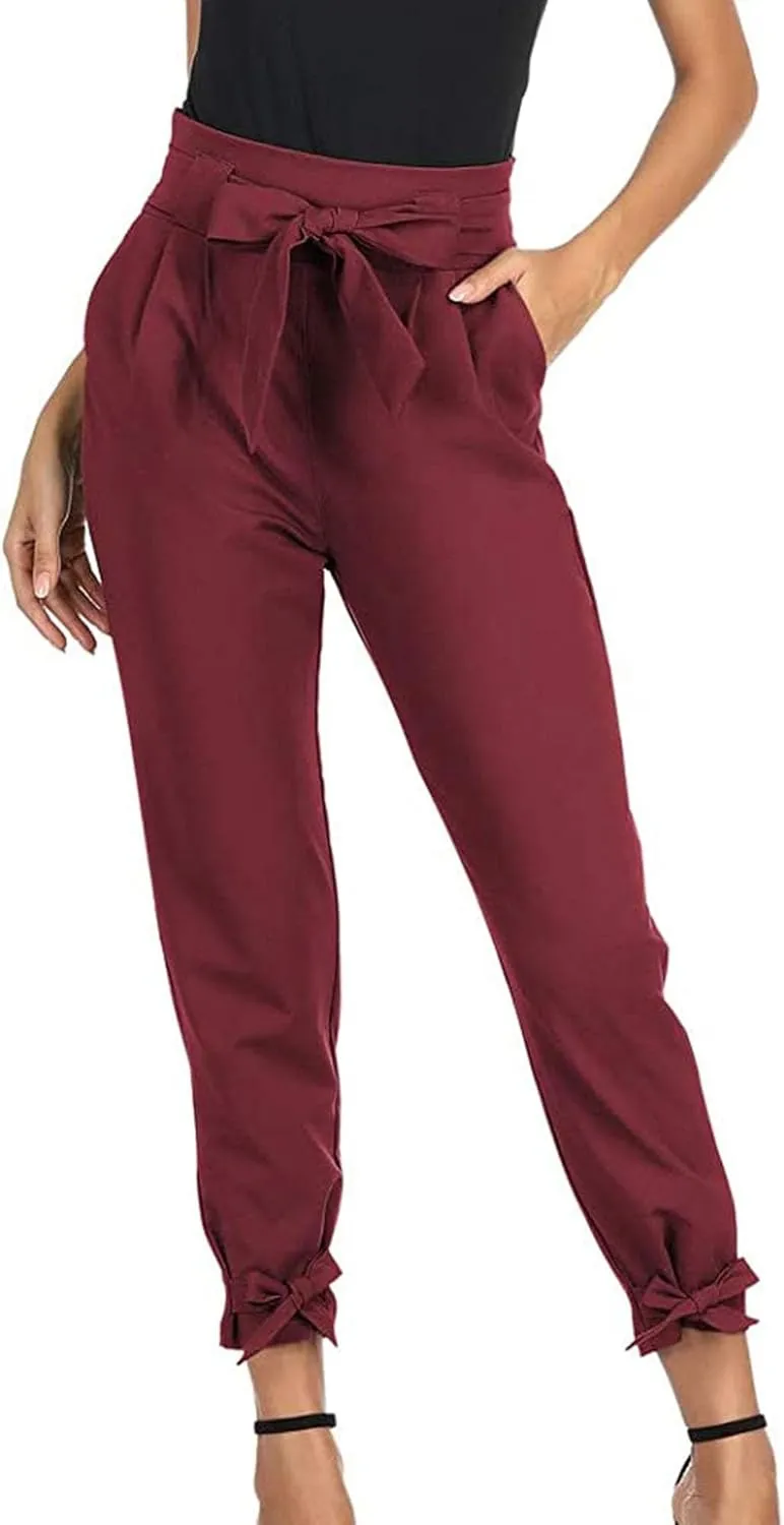 Womens Business Casual Pants Cropped Pencil Pants High Waist Bow-Knot Paper Bag Trouser with Pockets