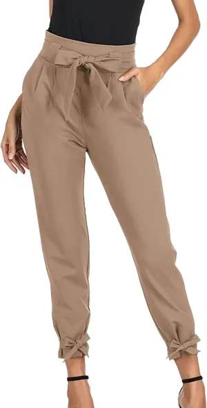 Womens Business Casual Pants Cropped Pencil Pants High Waist Bow-Knot Paper Bag Trouser with Pockets