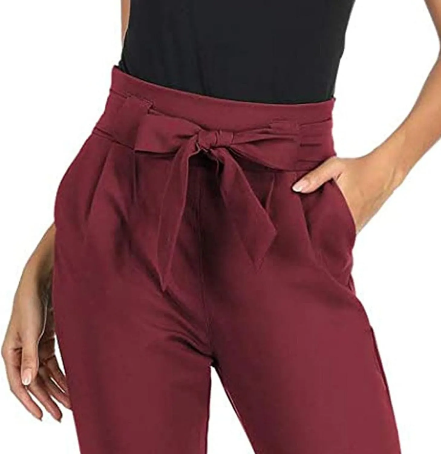Womens Business Casual Pants Cropped Pencil Pants High Waist Bow-Knot Paper Bag Trouser with Pockets