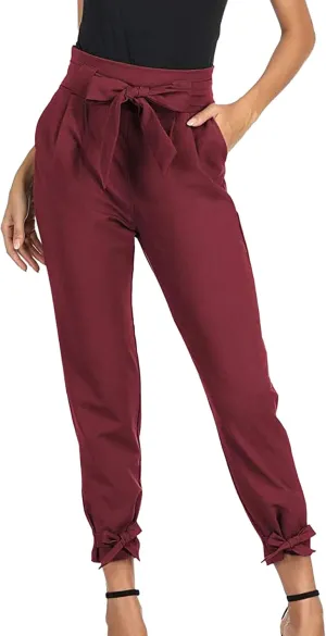 Womens Business Casual Pants Cropped Pencil Pants High Waist Bow-Knot Paper Bag Trouser with Pockets
