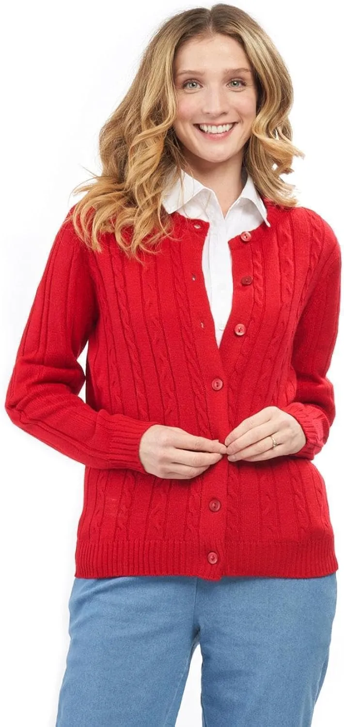 Women's Button Front Cable Knit Cardigan- in Soft,Lightweight Acrylic in 5 Colors and Plus Sizes and Easy to Maintain Option