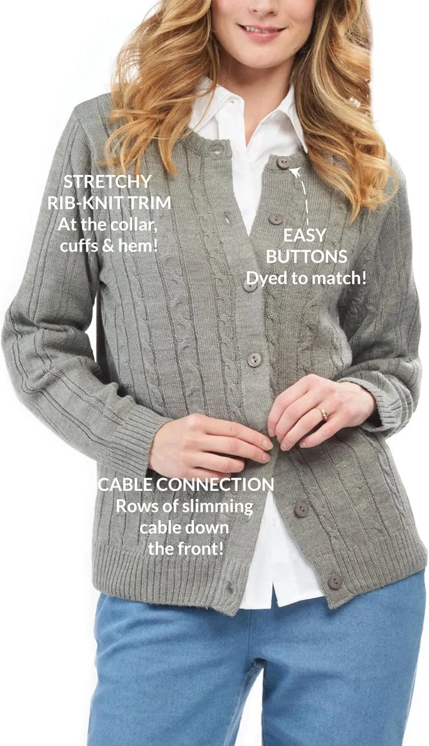 Women's Button Front Cable Knit Cardigan- in Soft,Lightweight Acrylic in 5 Colors and Plus Sizes and Easy to Maintain Option